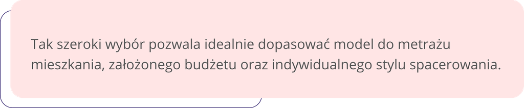 Tak szeroki wybór pozwala idealnie dopasować model do metrażu mieszkania, założonego budżetu oraz indywidualnego stylu spacerowania.