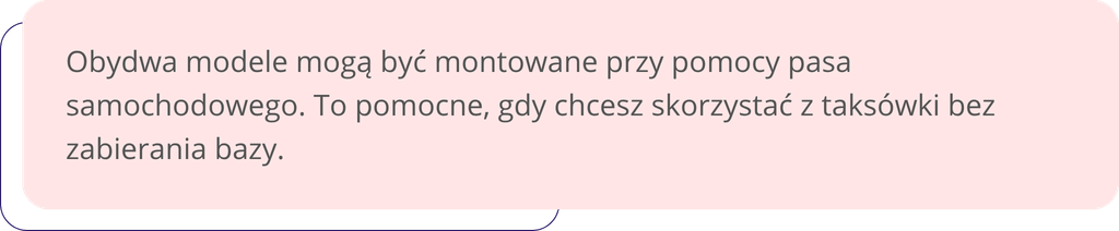 Obydwa modele mogą być montowane przy pomocy pasa samochodowego. To pomocne, gdy chcesz skorzystać z taksówki bez zabierania bazy.